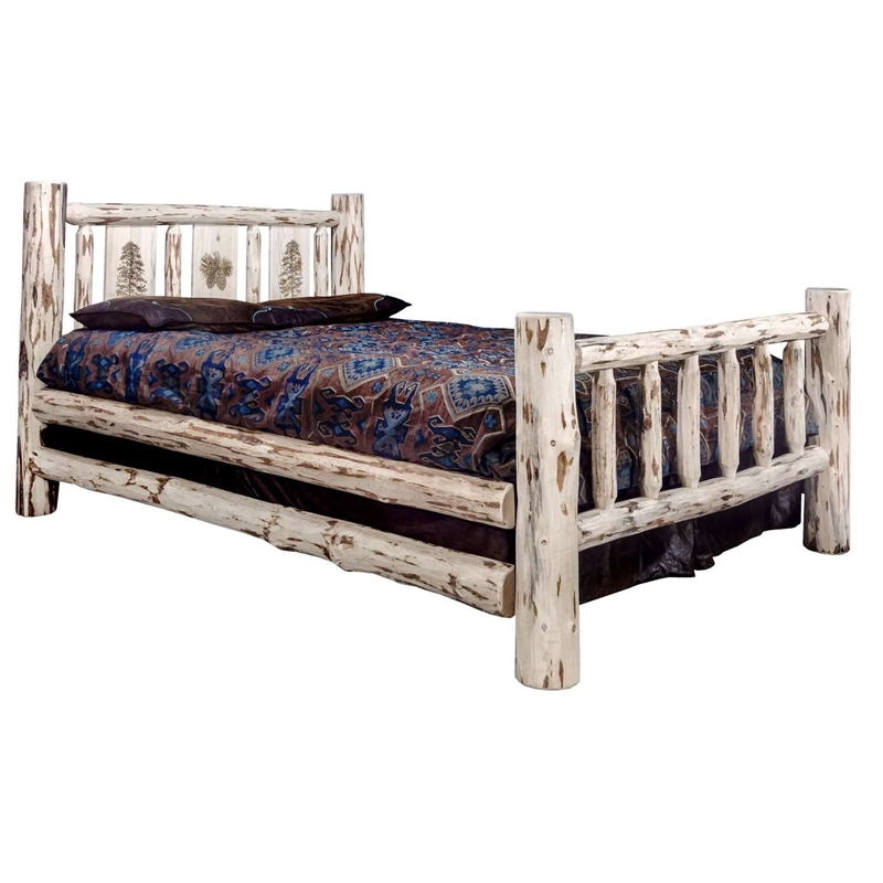 Montana Woodworks Solid Wood Queen Bed with Engraved Pine Design in Natural