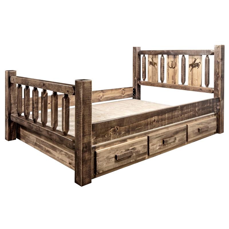 Montana Woodworks Homestead Wood Twin Storage Bed with Bronc Design in Brown