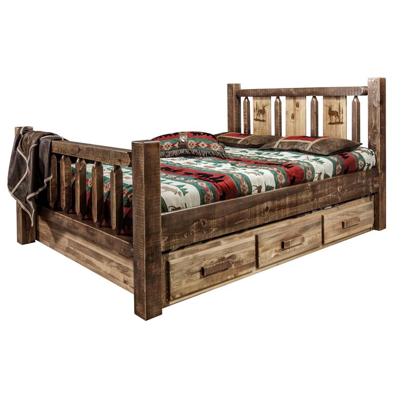 Montana Woodworks Homestead Wood Full Storage Bed with Elk Design in Brown