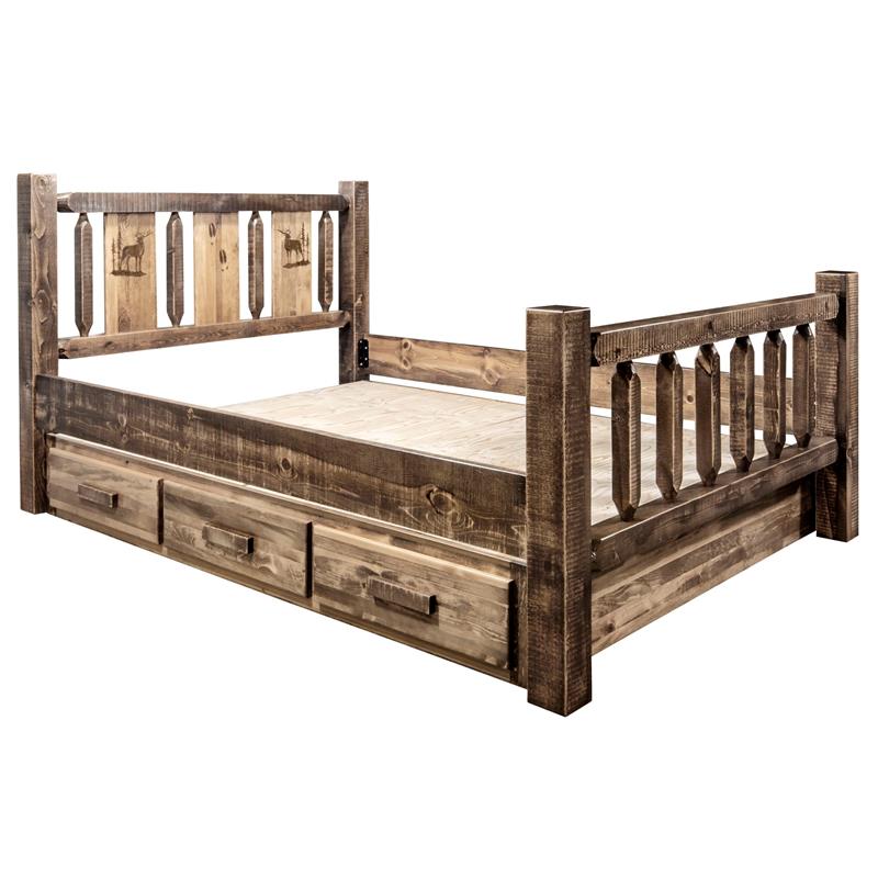 Montana Woodworks Homestead Wood Full Storage Bed with Elk Design in Brown