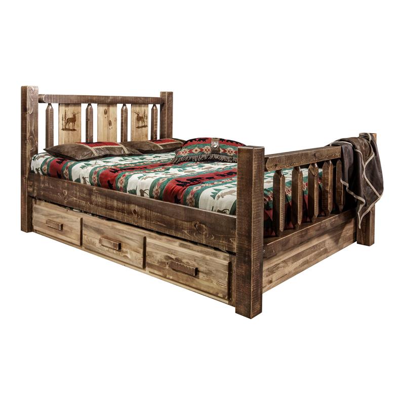 Montana Woodworks Homestead Wood Full Storage Bed with Elk Design in Brown