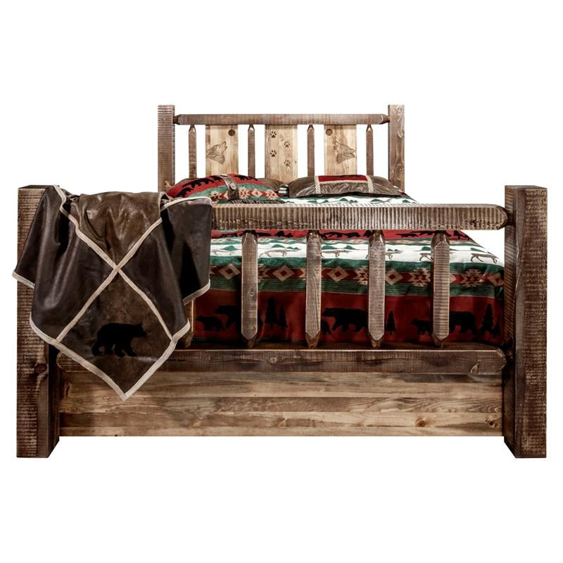 Montana Woodworks Homestead Wood Queen Storage Bed with Wolf Design in Brown