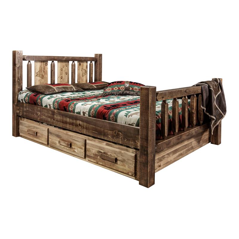 Montana Woodworks Homestead Wood Queen Storage Bed with Wolf Design in Brown