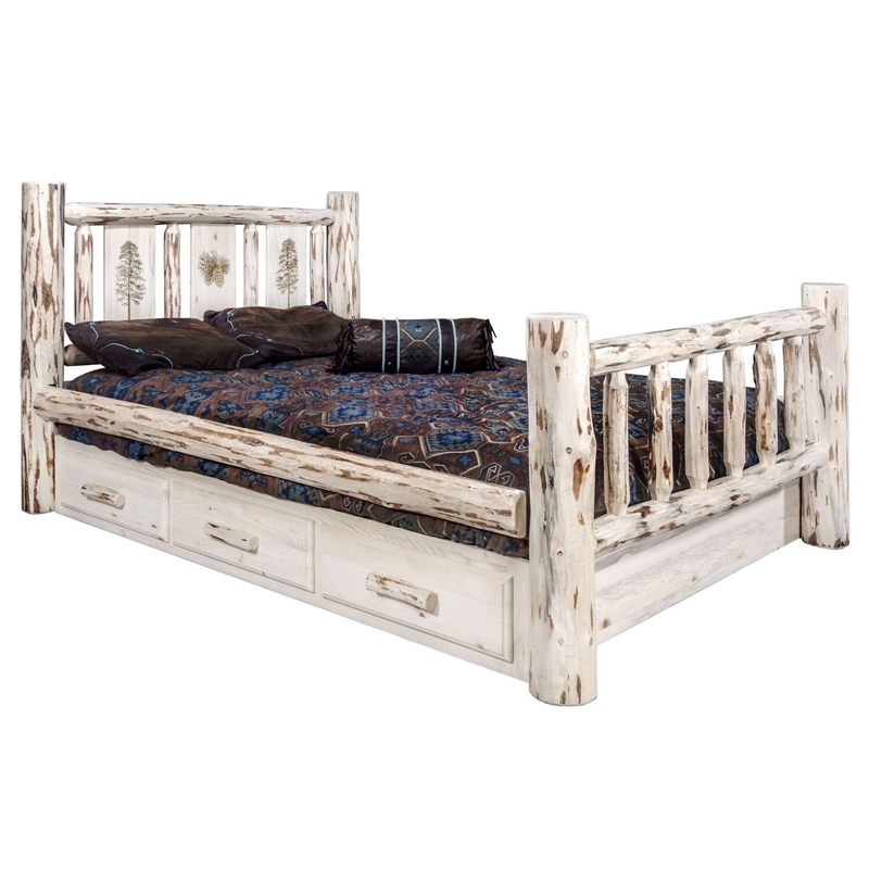 Montana Woodworks Wood Queen Storage Bed with Engraved Pine Design in Natural