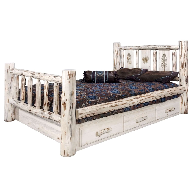 Montana Woodworks Wood Twin Storage Bed with Engraved Pine Design in Natural
