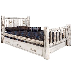Montana Woodworks Wood Queen Storage Bed with Engraved Elk Design in Natural