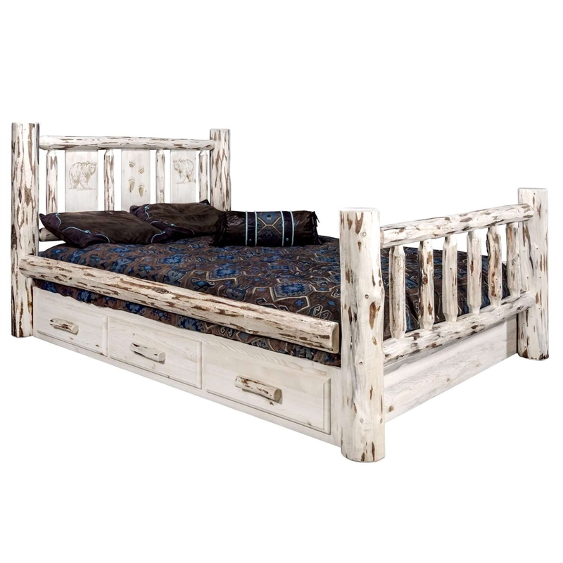 Montana Woodworks Wood Queen Storage Bed with Laser Engraved Bear in Natural