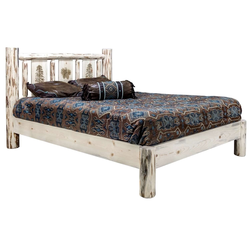 Montana Woodworks Solid Wood Twin Platform Bed with Engraved Pine in Natural