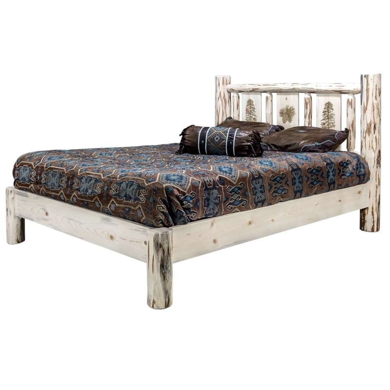 Montana Woodworks Wood Full Platform Bed with Laser Engraved Pine in Natural