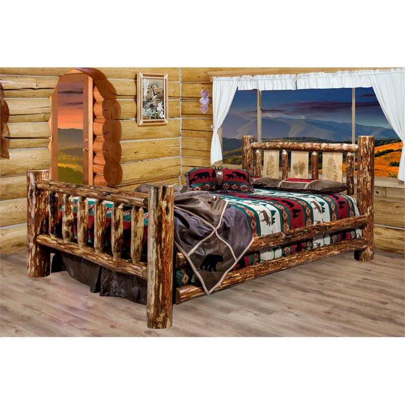 Montana Woodworks Glacier Country Wood Queen Bed with Pine Tree Design in Brown