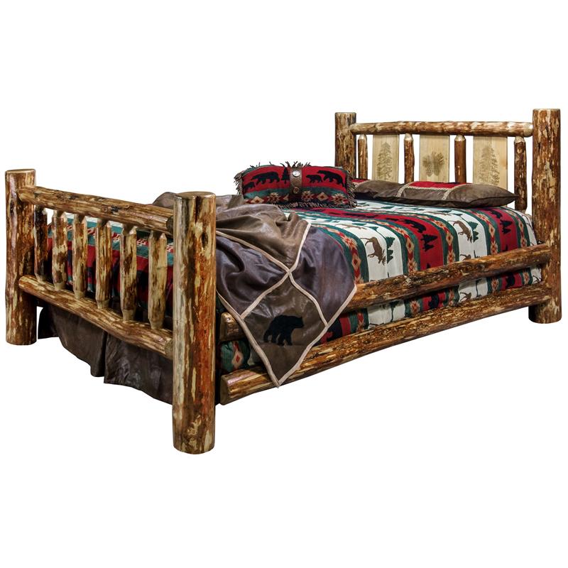Montana Woodworks Glacier Country Wood Queen Bed with Pine Tree Design in Brown