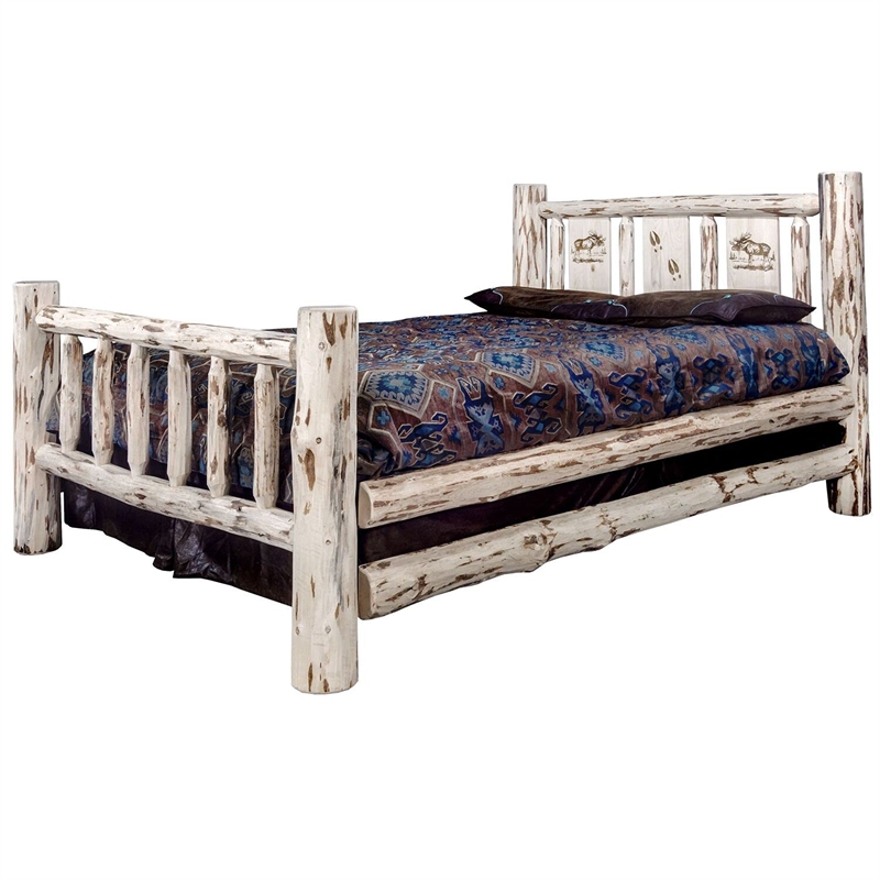 Montana Woodworks Wood Twin Storage Bed with Engraved Moose Design in Natural