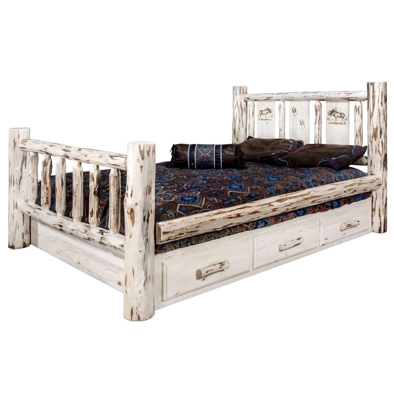 Montana Woodworks Wood Twin Storage Bed with Engraved Moose Design in Natural