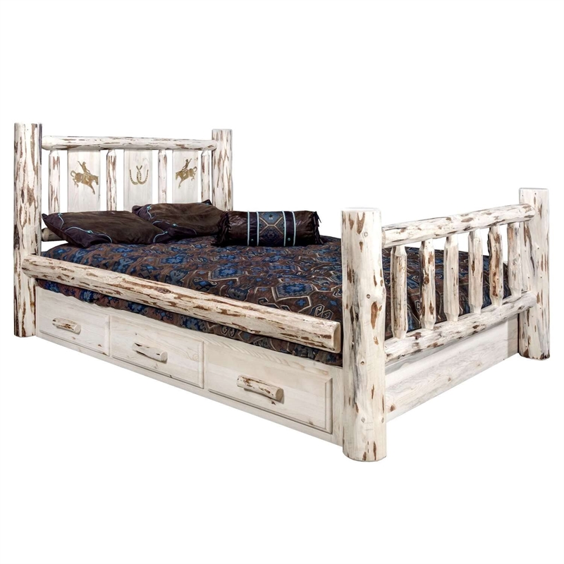 Montana Woodworks Wood Full Storage Bed with Engraved Bronc Design in Natural