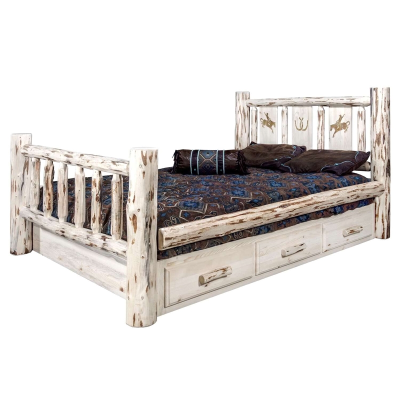 Montana Woodworks Wood Full Storage Bed with Engraved Bronc Design in Natural