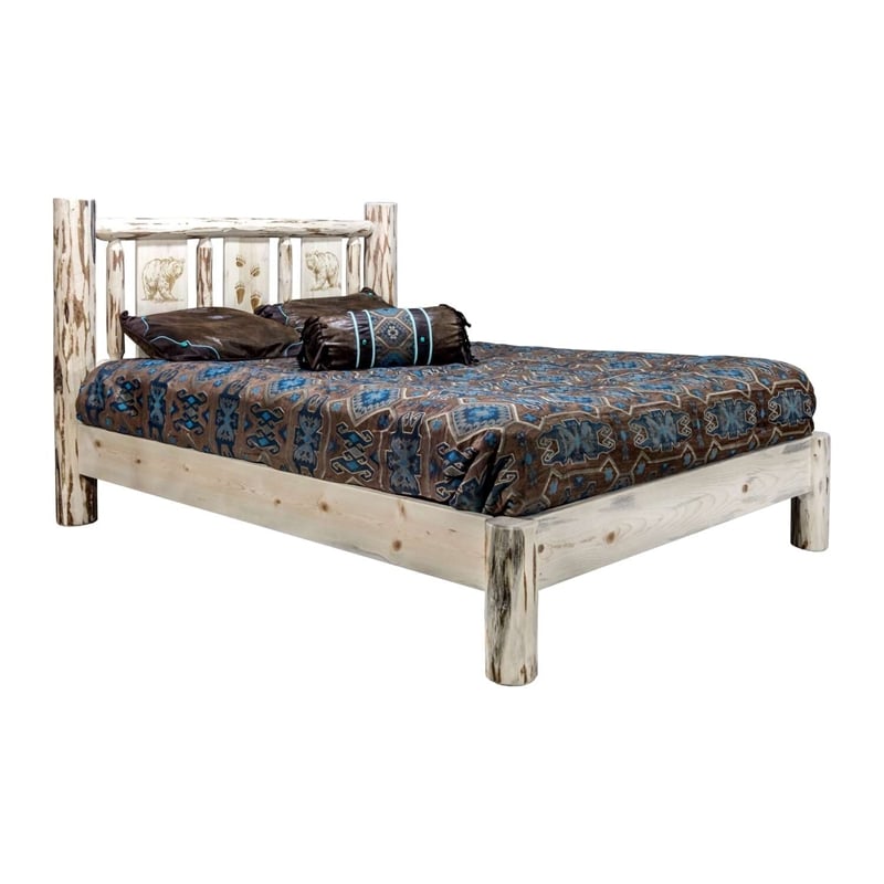 Montana Woodworks Wood Full Platform Bed with Engraved Bear Design in Natural