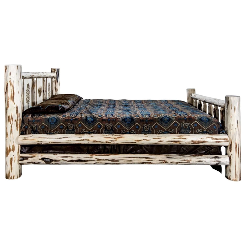 Montana Woodworks Solid Wood King Bed with Laser Engraved Pine Design in Natural