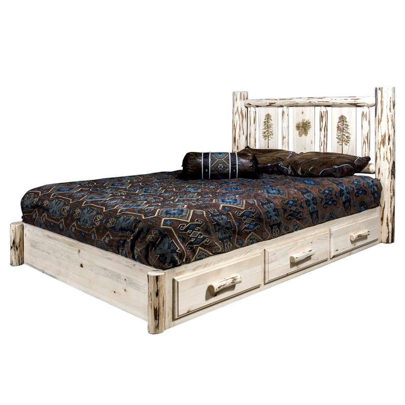 Montana Woodworks Wood Twin Platform Bed with Engraved Pine Design in Natural