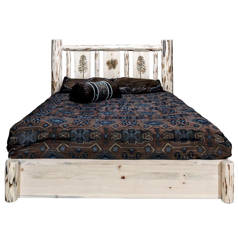 Montana Woodworks Wood Twin Platform Bed with Engraved Pine Design in Natural