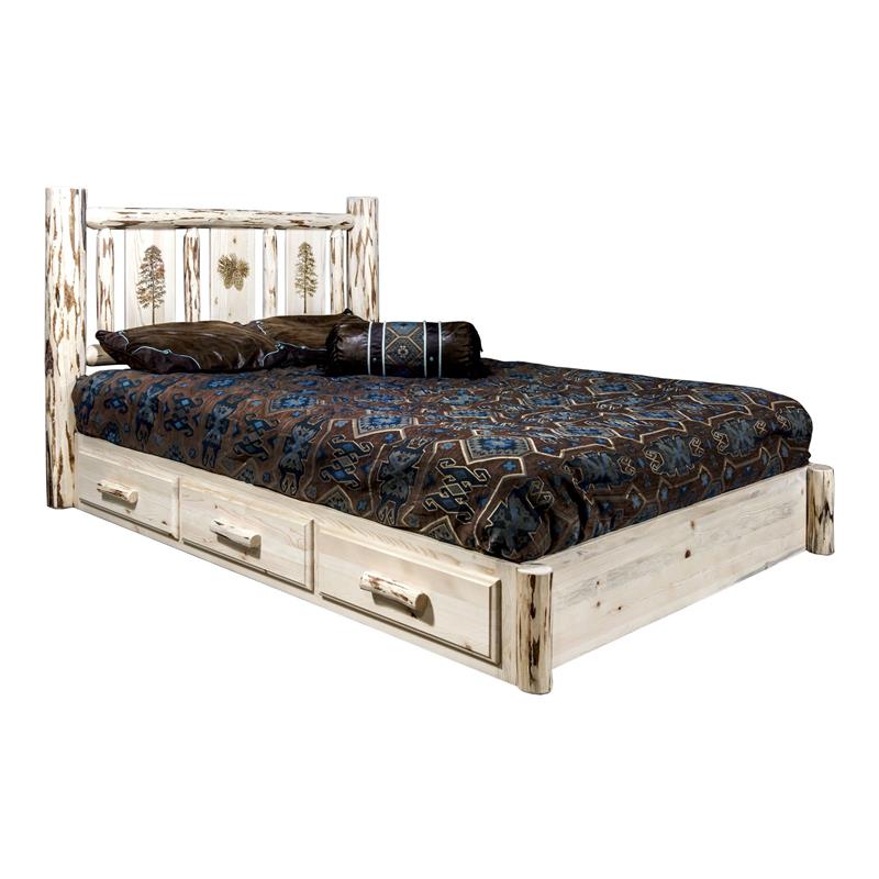 Montana Woodworks Wood Twin Platform Bed with Engraved Pine Design in Natural