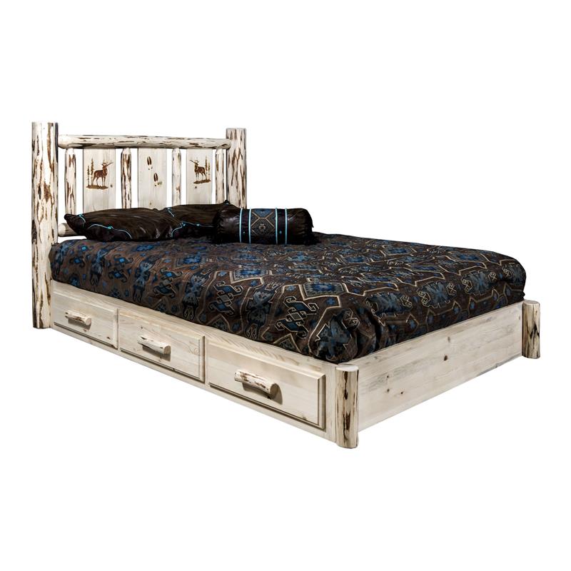 Montana Woodworks Pine Wood Full Platform Bed with Laser Engraved in Natural
