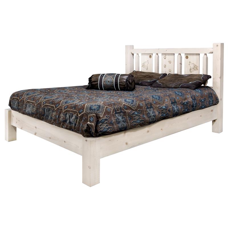 Montana Woodworks Homestead Wood Queen Platform Bed with Wolf Design in Natural