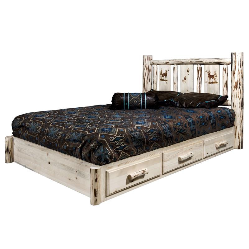Montana Woodworks Pine Wood Queen Platform Bed with Laser Engraved in Natural