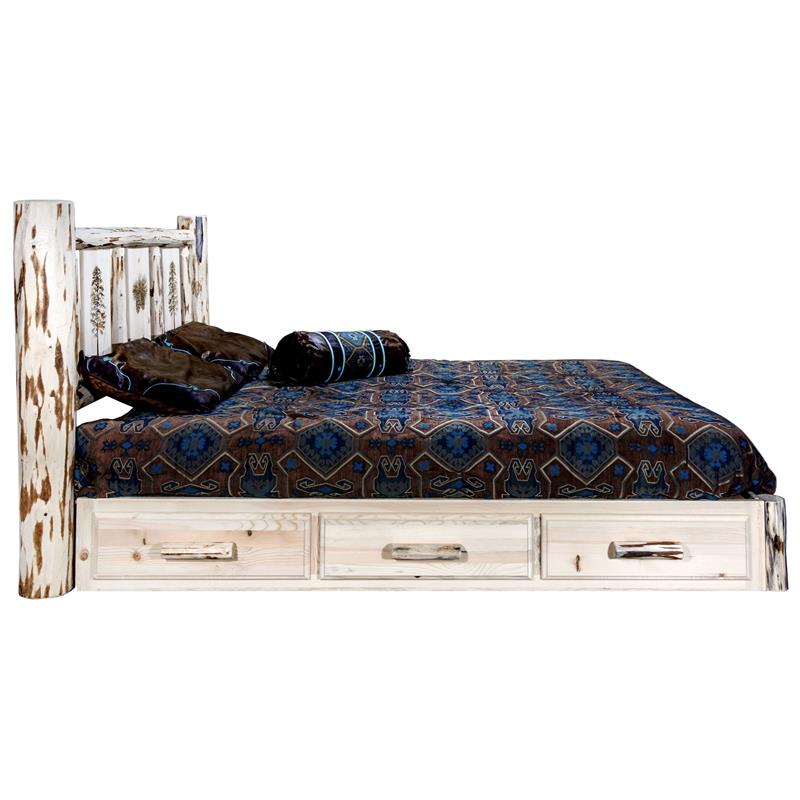 Montana Woodworks Wood King Platform Bed with Engraved Pine Design in Natural