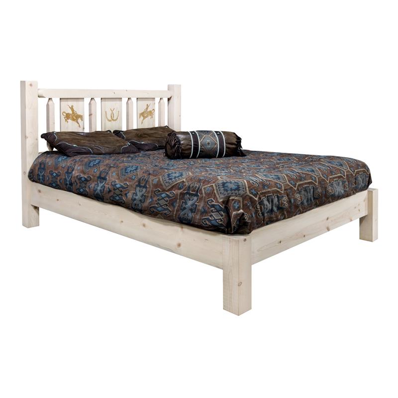 Montana Woodworks Homestead Wood Queen Platform Bed with Bronc Design in Natural