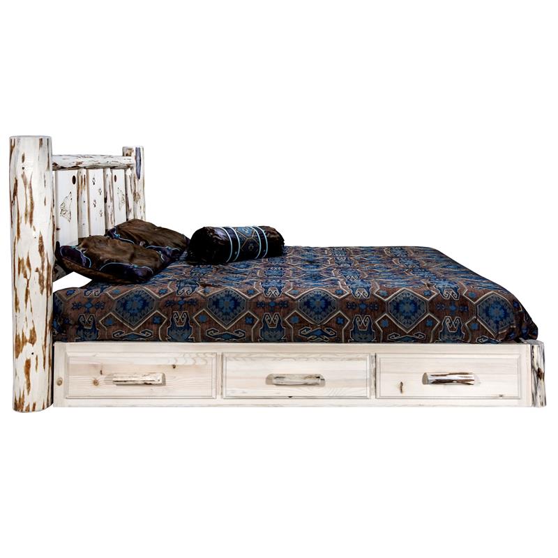 Montana Woodworks Wood Queen Platform Bed with Engraved Wolf in Natural