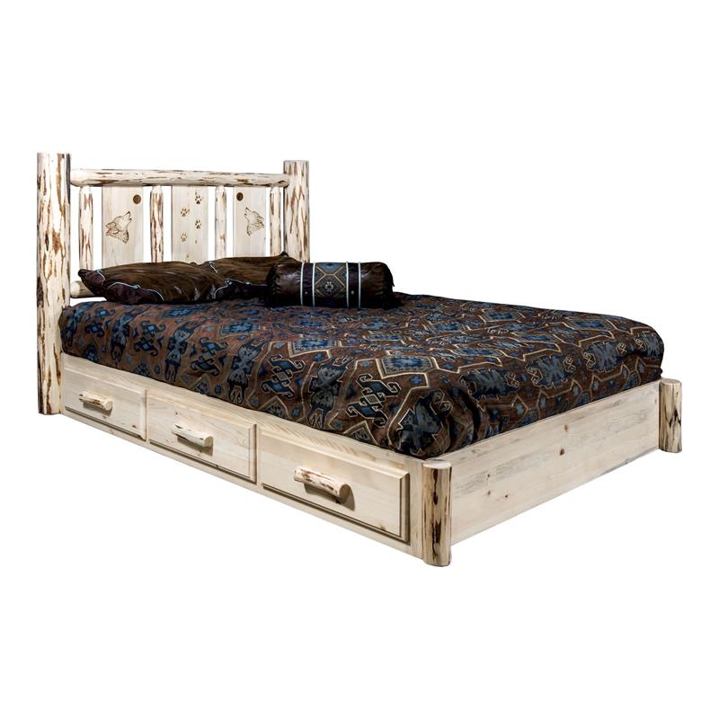 Montana Woodworks Wood Queen Platform Bed with Engraved Wolf in Natural
