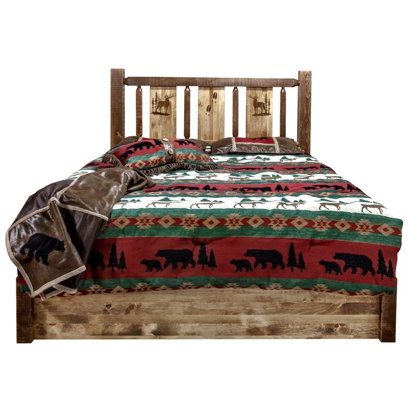 Montana Woodworks Homestead Wood Full Platform Bed with Engraved Elk in Brown