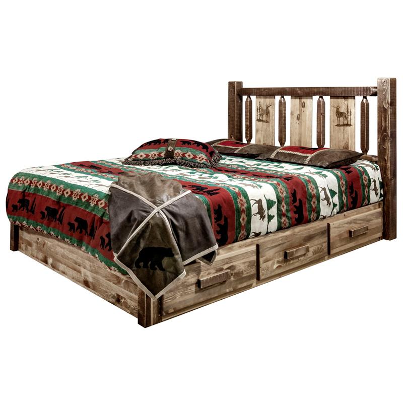 Montana Woodworks Homestead Wood Full Platform Bed with Engraved Elk in Brown