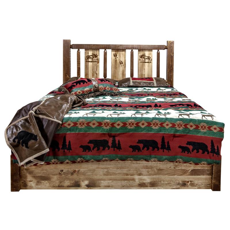 Montana Woodworks Homestead Wood Full Platform Bed with Engraved Moose in Brown