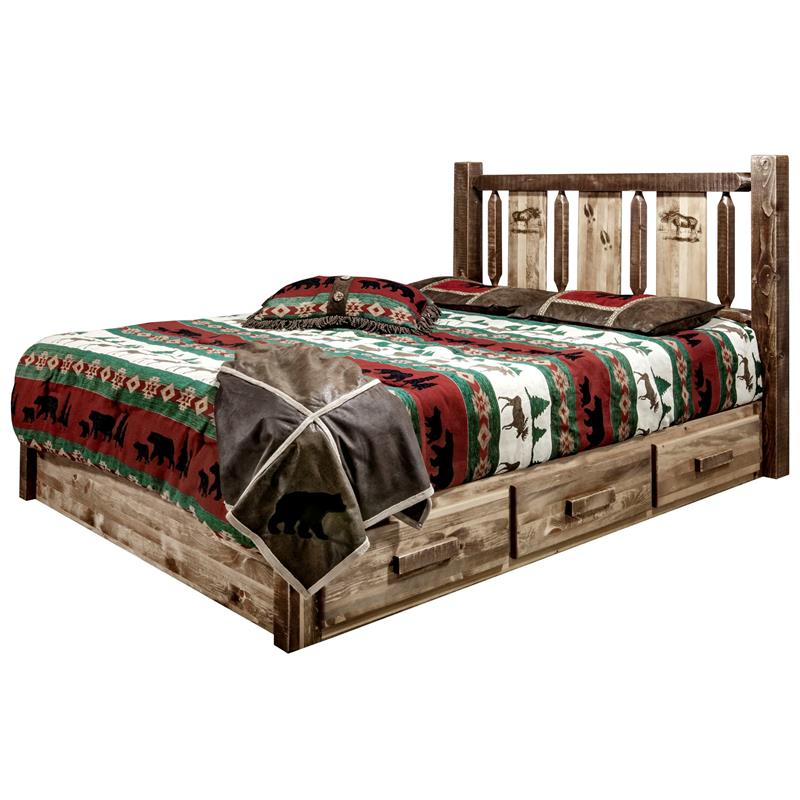 Montana Woodworks Homestead Wood Queen Platform Bed with Engraved Moose in Brown