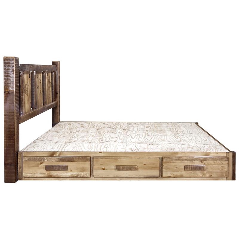 Montana Woodworks Homestead Wood Queen Platform Bed with Engraved Wolf in Brown