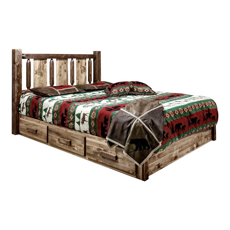 Montana Woodworks Homestead Wood Queen Platform Bed with Engraved Wolf in Brown