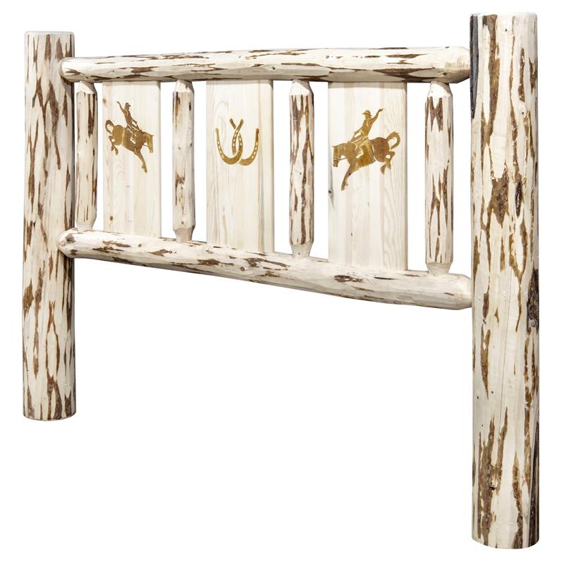 Montana Woodworks Pine Wood Full Headboard with Engraved Bronc Design in Natural