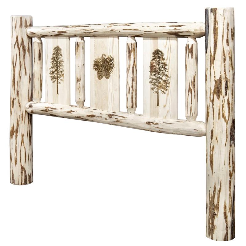 Montana Woodworks Pine Wood Queen Headboard with Engraved Pine Design in Natural