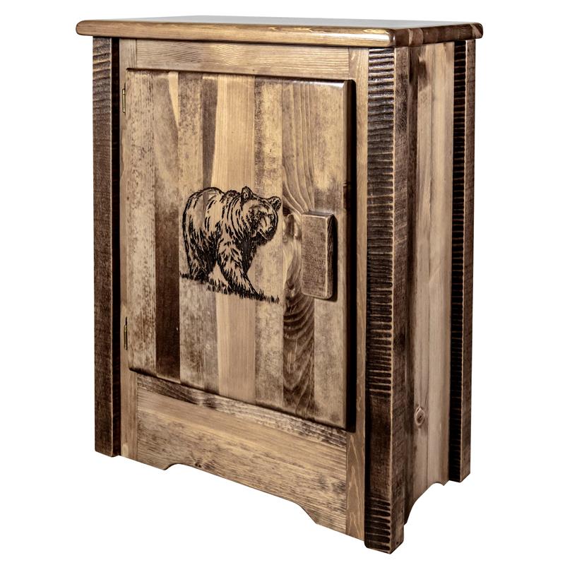 Montana Woodworks Homestead Pine Wood Accent Cabinet with Engraved Bear in Brown