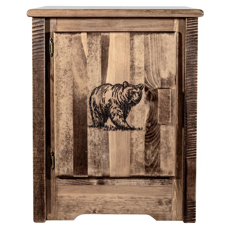 Montana Woodworks Homestead Pine Wood Accent Cabinet with Engraved Bear in Brown