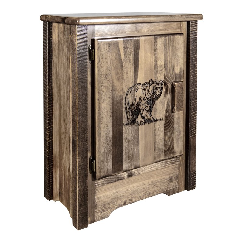 Montana Woodworks Homestead Pine Wood Accent Cabinet with Engraved Bear in Brown