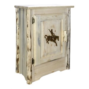 montana woodworks wood accent cabinet with engraved bronc design in natural