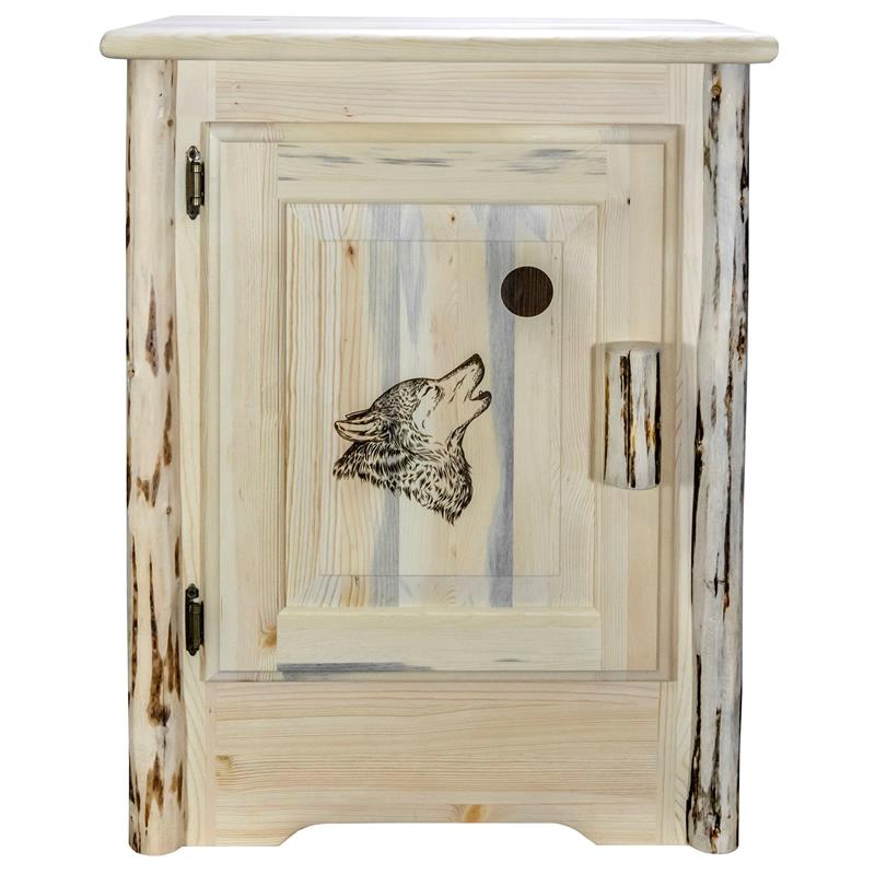 Montana Woodworks Wood Accent Cabinet with Engraved Wolf in Natural