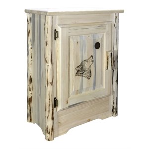 montana woodworks wood accent cabinet with engraved wolf in natural