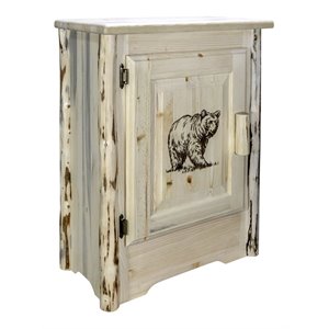 montana woodworks wood accent cabinet with laser engraved bear design in natural