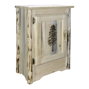 montana woodworks wood accent cabinet with laser engraved pine design in natural