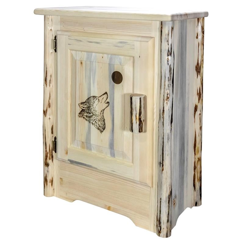 Montana Woodworks Wood Accent Cabinet with Laser Engraved Wolf Design in Natural
