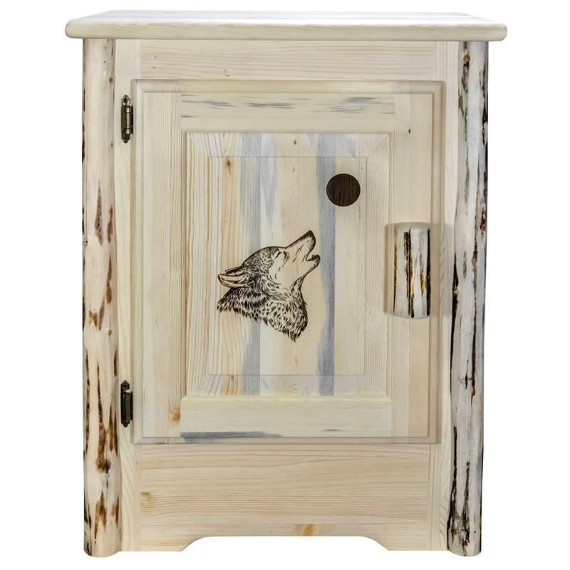 Montana Woodworks Wood Accent Cabinet with Laser Engraved Wolf Design in Natural