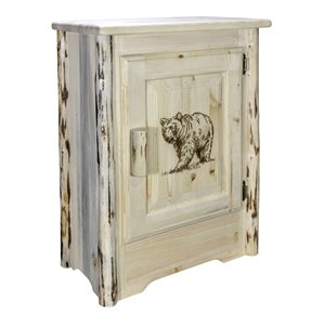 montana woodworks wood accent cabinet with engraved bear design in natural